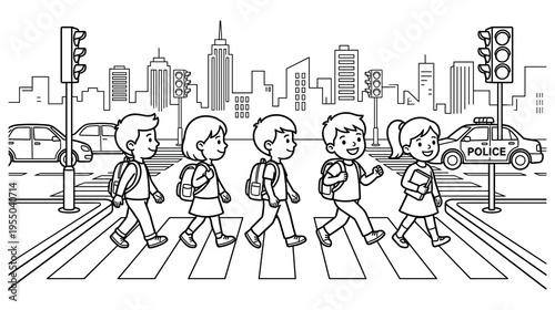 Five children cross the road at a pedestrian crossing with traffic lights