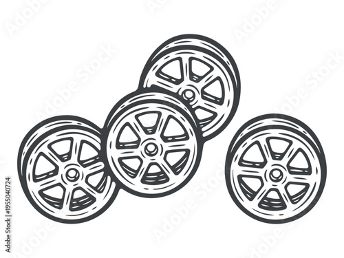 Rotelle, wheel-shaped dry pasta, lines, hand-drawn, black and white, graphic illustration, engraving isolated