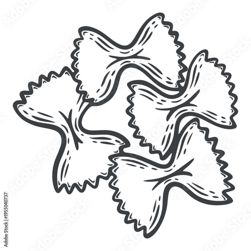 Farfalle pasta, bow shaped, traditional italian food, lines, hand-drawn, black and white, graphic illustration, engraving isolated