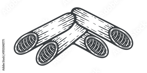 Penne uncooked, dry, traditional italian pasta, lines, hand-drawn, black and white, graphic illustration, engraving isolated