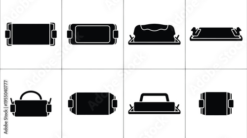 Collection of black silhouette serving trays and platters with handles and different designs Keywords: tray, serving tray, platter, handle, food service, kitchenware, container, dish, rectangular