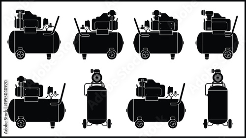 Collection of black silhouette air compressor icons with tanks and gauges Keywords: air compressor, pneumatic tool, air tool, industrial equipment, workshop, garage, mechanic, construction