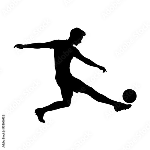 Soccer player silhouette kicking ball, vector illustration isolated