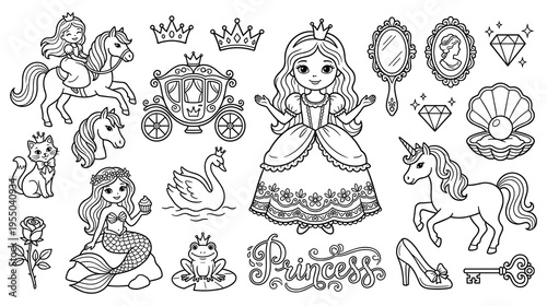 Princess fairytale coloring book set with castle, unicorn, mermaid, and carriage