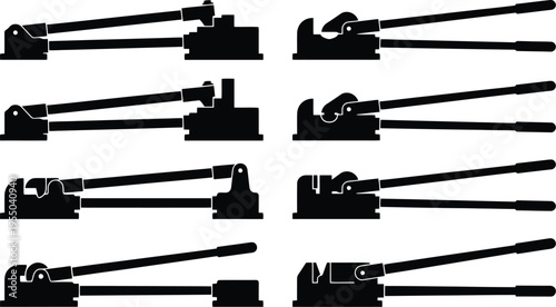 Collection of Black Silhouettes of Metal Cutting and Bending Tools on White Background Keywords: metal cutter, bolt cutter, wire cutter, rebar cutter, hydraulic cutter, manual cutter, tool