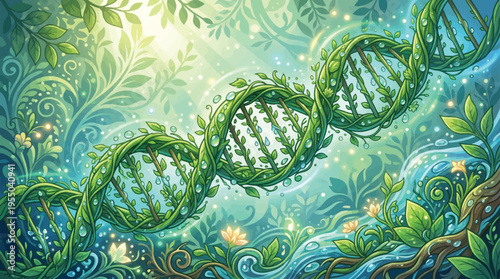 Lush Green DNA Helix Structure Intertwined with Leaves and Vines in a Vibrant Nature Scene Vector