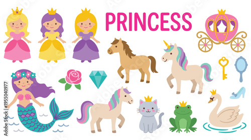 Collection of fairytale princess characters and magical kingdom elements