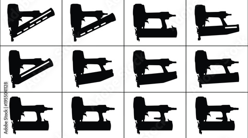 Twelve Black Silhouette Icons of Nail Guns in Various Orientations and Angles Keywords: nail gun, stapler, fastening tool, construction tool, carpentry tool, DIY tool, hardware, equipment, tool