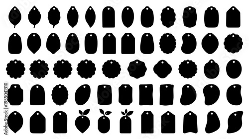 Large collection of black price tag silhouettes with nature and organic shapes for retail branding