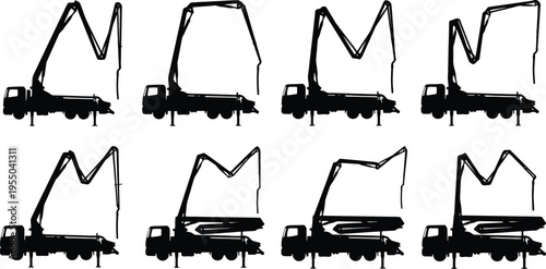 Black Silhouette Set Of Concrete Pump Truck Boom In Various Positions On White Background construction