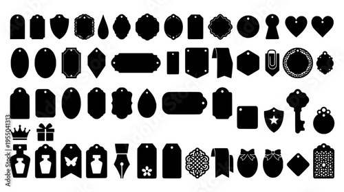 Assorted black silhouettes of vintage labels gift tags frames ribbons and decorative craft elements