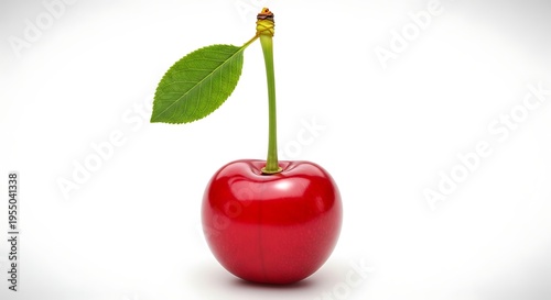 A vibrant red cherry with a green stem and leaf