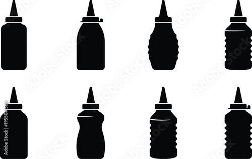 Black Silhouette Set Of Squeeze Bottles With Various Shapes On White Background container dispensing bottle