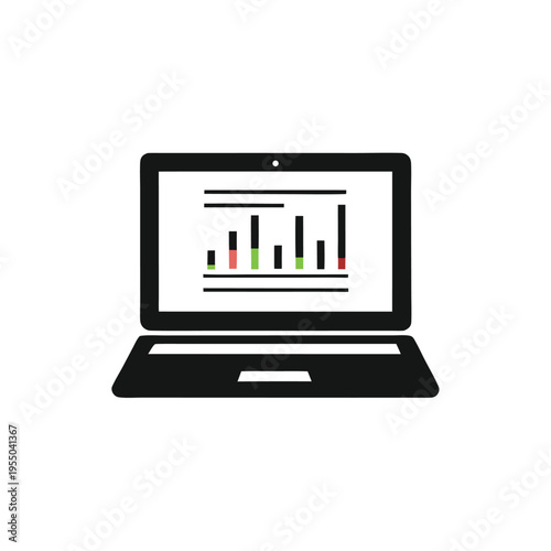 Simple laptop displays an analytical bar graph on its screen and has a transparent background