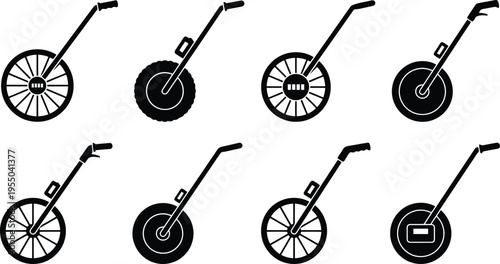 Black Silhouette Set Of Measuring Wheels In Different Designs On White Background distance measurer surveyor's wheel