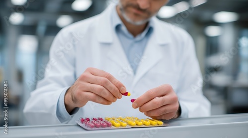 Placebo pill manufacturing facility worker inspecting identical capsules on quality control line, pharmaceutical-grade production environment, clinical white surfaces reflecting overhead task