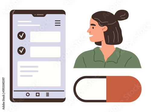 Healthcare, telemedicine, medication management, wellness tracking, online consultation, technology. A smartphone with health app, woman and capsule. Healthcare and telemedicine concepts