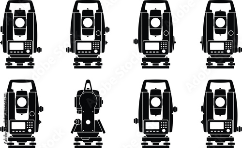 Black Silhouette Set Of Surveying Theodolite Instruments In Multiple Views On White Background surveying instrument