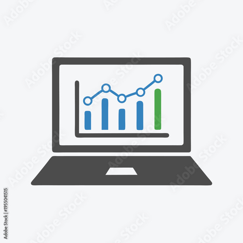 Laptop shows a growth chart featuring blue columns and a rising trendline ending in green