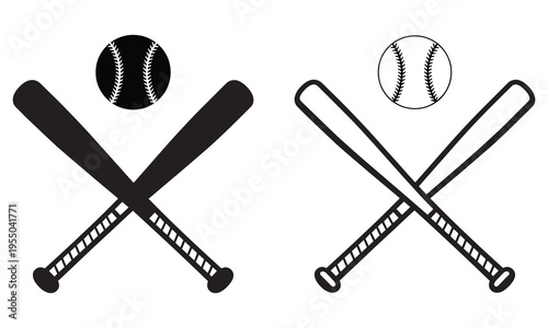 Baseball bats and balls vector icon set in black solid and outline styles for sports design