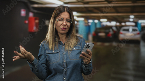 Konstfotografi Woman holding smartphone, squinting and shrugging with left hand in parking building; tech frustration