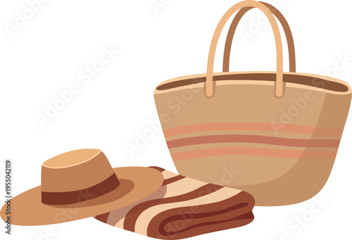 Minimal flat illustration of summer beach essentials including straw bag, sun hat and folded towel. Perfect isolated elements for vacation design, travel graphics and seasonal compositions.