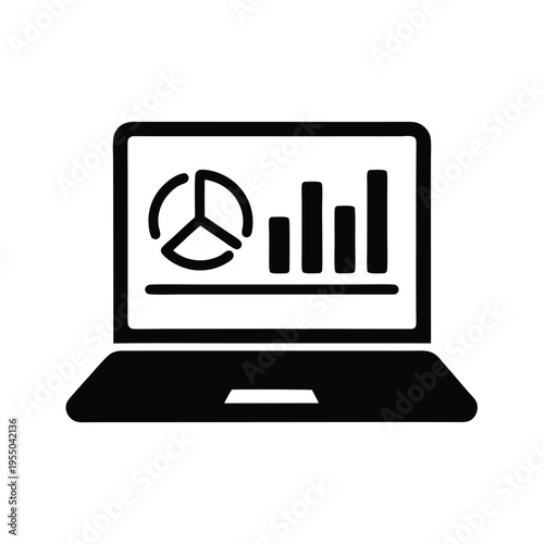 Black monochrome laptop shows statistical graphs and a pie chart on its screen