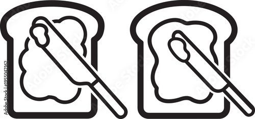 Two slices of bread with butter or jam being spread by knives, black and white icon, simple graphic
