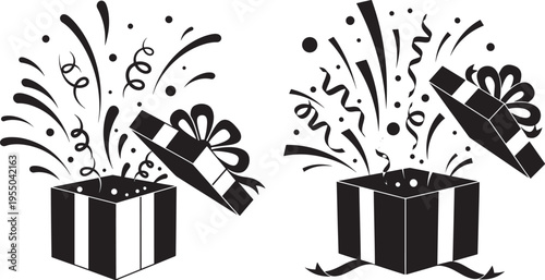 Two open gift boxes with confetti and streamers exploding outwards, celebration and surprise concept, black and white icons