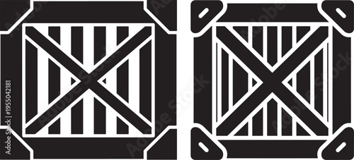 Two stylized wooden crates with reinforced corners and diagonal bracing, shipping and logistics concept, graphic icons, Black And White