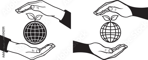 Two sets of hands gently holding a globe with a sprouting seedling, environmental protection and sustainability concept, black and white icons