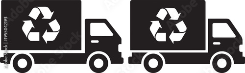 Two trucks with recycling symbols on their sides, indicating waste management or eco-friendly transport, graphic icons, Black And White