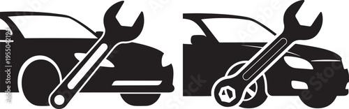 Two car silhouettes with wrenches, symbolizing auto repair, service, or mechanics, graphic icons, Black And White