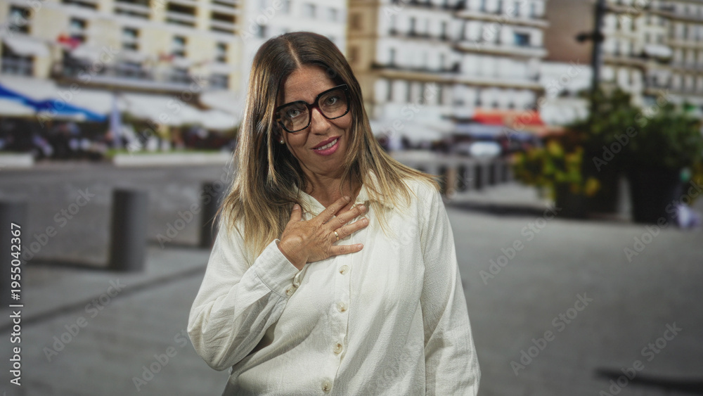 Fototapeta premium Woman wearing glasses with hand on chest in a busy street with buildings and cafe planters; gratitude reflection.