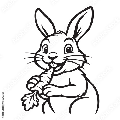 Happy cartoon rabbit eating a carrot vector illustration, black and white outline drawing for kids