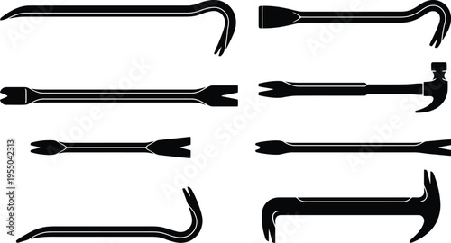 Collection of Black Silhouettes of Various Crowbars and a Hammer Pry Bar wrecking bar nail puller