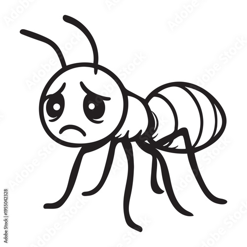 Sad black and white cartoon ant vector illustration with a worried expression, isolated on white background