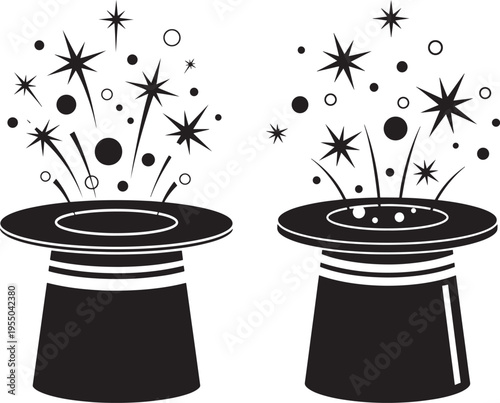 Magic top hats with sparkles and stars burst out, black and white graphic illustration for performance or celebration themes, Magic Hat