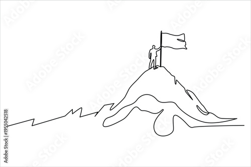 Continuous one line art of mountains with target flag on the top. Reaching and climbing business goal on the hill top.