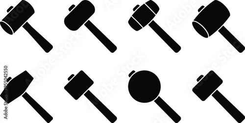 Collection of eight black silhouette icons of mallets and hammers with diverse head shapes and orientations