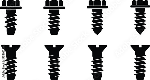 Collection of eight black silhouette icons of screws with hexagonal and slotted heads on a white background