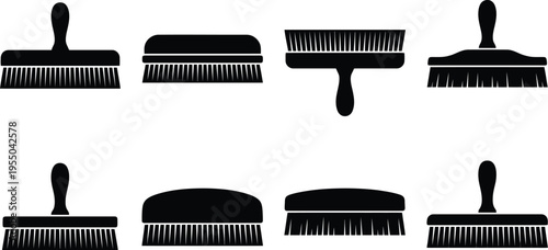 Collection of Eight Black Silhouette Icons of Various Brushes on White Background tool cleaning