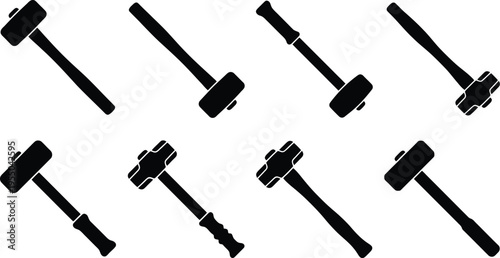 Collection of eight black silhouette icons of various sledgehammers and mallets on a white background