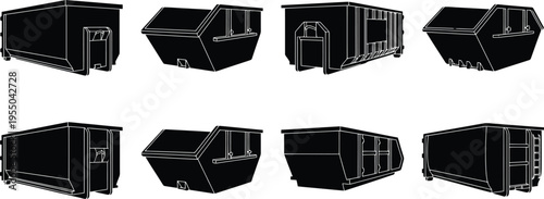 Collection of eight black silhouettes of various dumpster containers on a white background waste trash