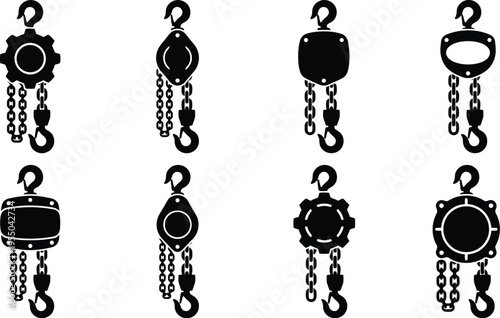 Collection of Eight Black Silhouettes of Chain Hoists with Hooks on White Background lifting equipment