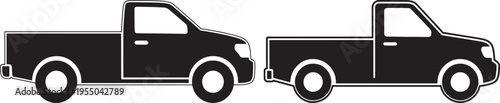 Two black silhouette pickup trucks parked side-by-side, isolated on white background, simple graphic illustration, modern vehicles, commercial transport concept