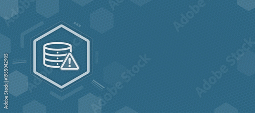 Database error alert vector with server icon and warning sign on blue hexagonal background for data loss and system failure with copy space