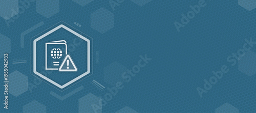 Travel restriction warning vector with passport icon and alert sign on blue background for border control and document issues with copy space