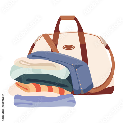 Travel duffel bag with folded clothes Casual outfit prepared for trip. Flat vector illustration of packing process, weekend getaway, minimal lifestyle Modern design element for print, travel branding