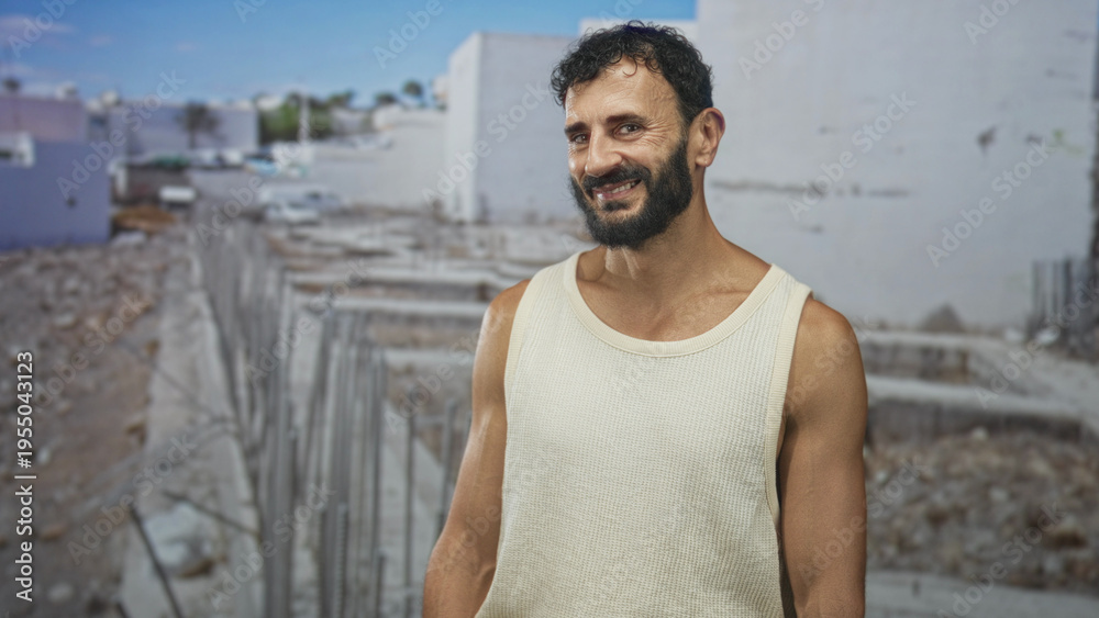 Fototapeta premium Man with beard smiles and tilts head, bare shoulders visible in a sleeveless tanktop standing at a building construction site with rubble and concrete behind; contentment resilience perseverance.